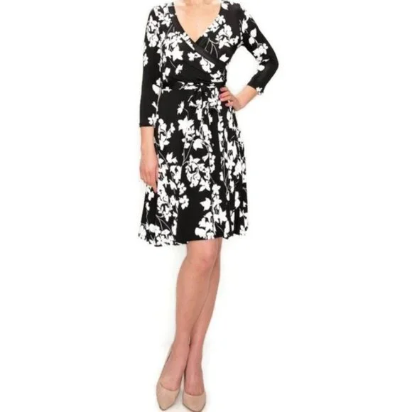 Janette Fashion Black White Floral Faux Wrap Knee Length Dress - Picture 3 of 4